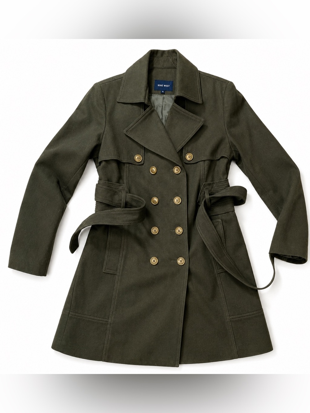 Nine West Forest Green Wool Blend Military Coat | Brass Buttons | Size 12